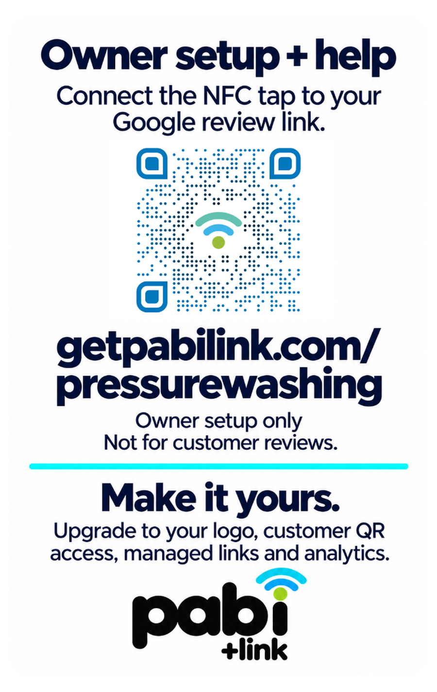Back of the pabi+Link pressure washing Starter Card with an owner setup QR code, getpabilink.com/pressurewashing, and upgrade information.