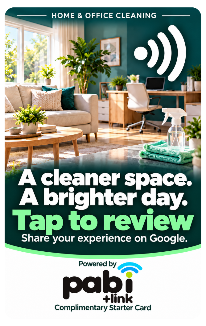 Home and office cleaning review Starter Card with a bright living room and office scene, NFC tap symbol, and text inviting customers to tap to review on Google.
