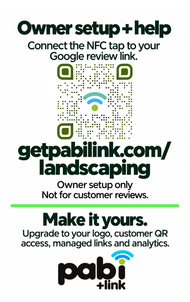 Back of the pabi+Link landscaping Starter Card showing owner setup instructions, a QR code, and the URL getpabilink.com/landscaping.