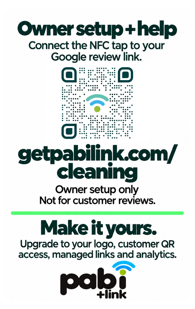 Owner setup side of a pabi+Link cleaning review Starter Card with a QR code, getpabilink.com/cleaning setup URL, and upgrade information.