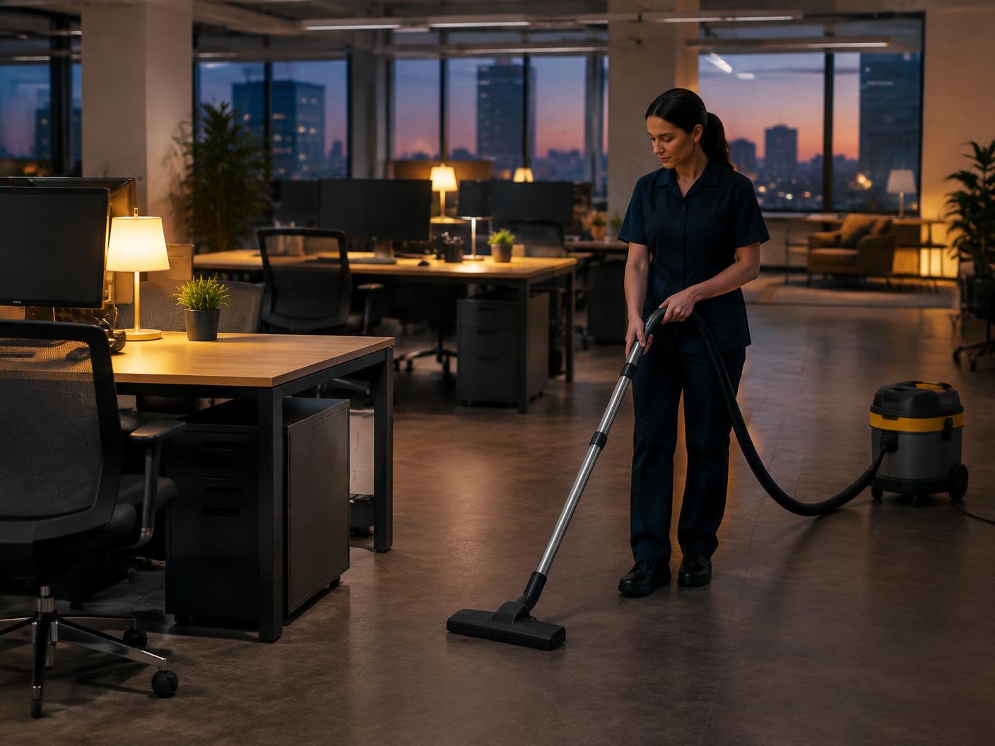 Cleaner vacuuming a quiet modern office after hours