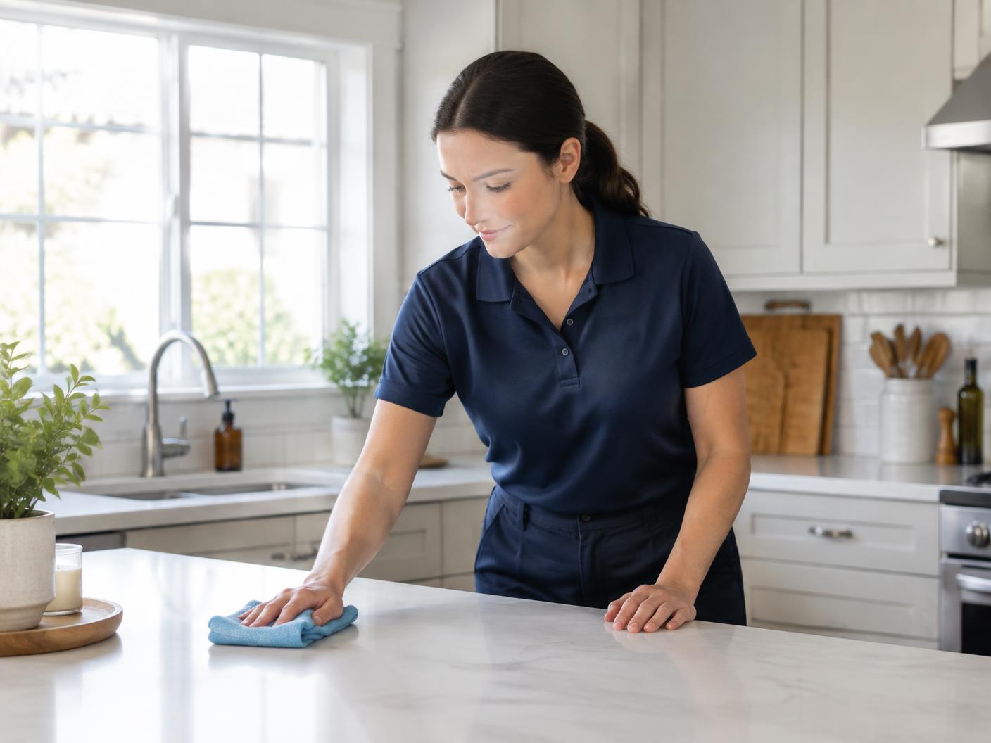 Professional cleaner wiping down a kitchen counter in a bright, tidy home