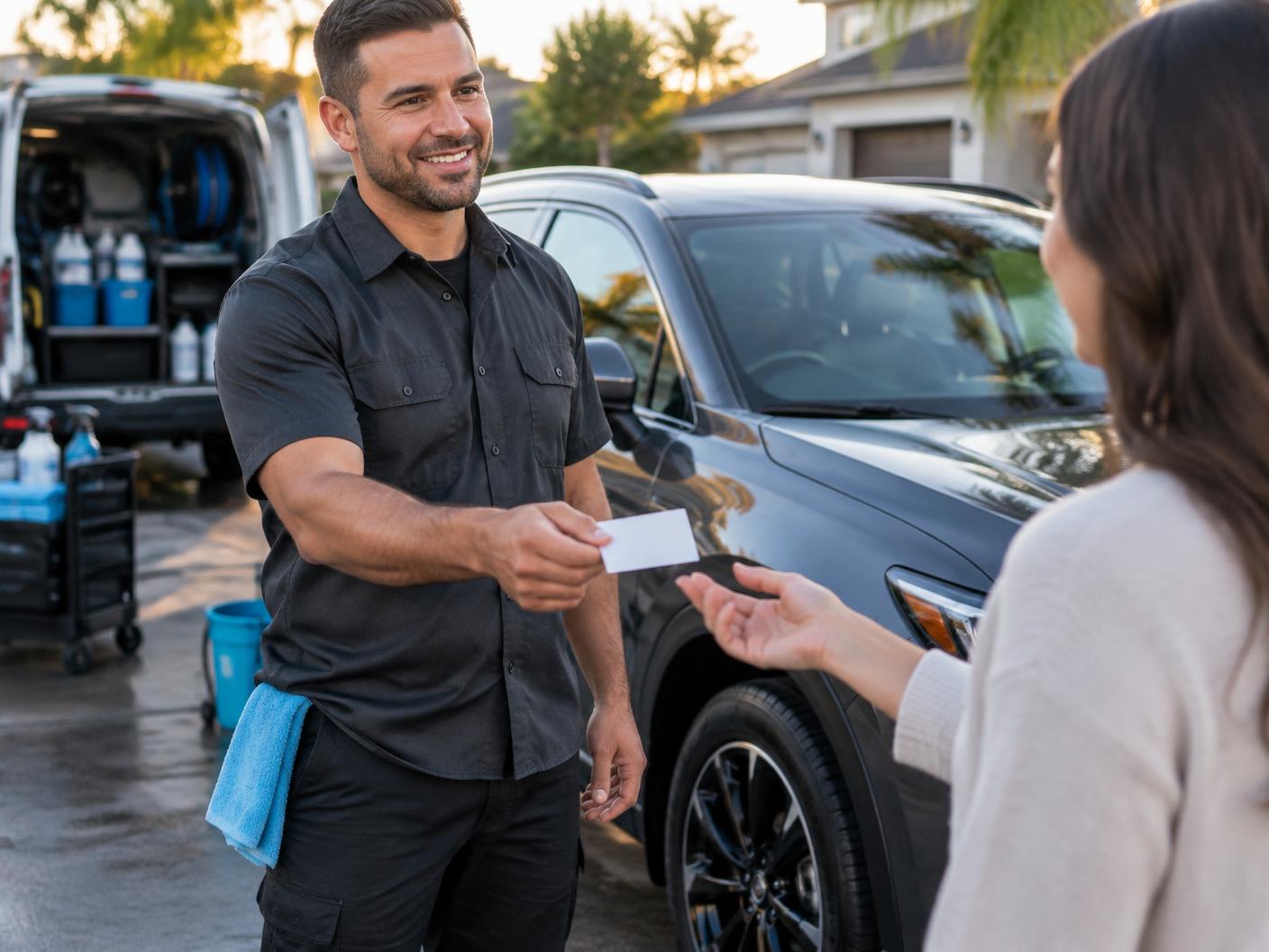 Mobile auto detailer offering a card after service