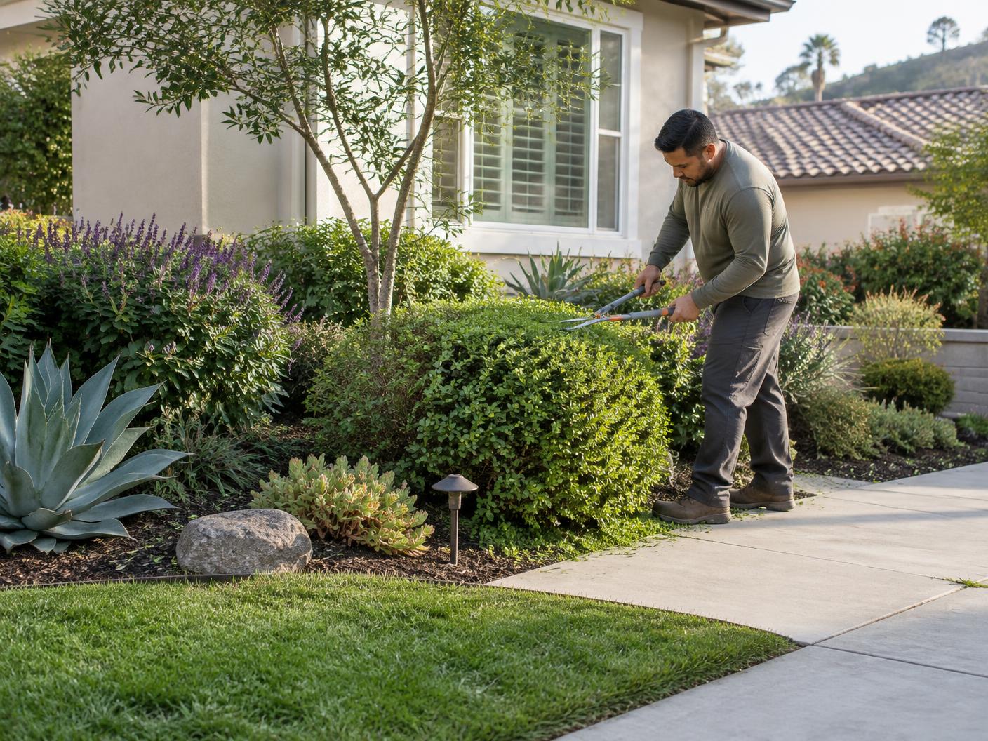 Landscaper trimming shrubs in a residential front-yard planting bed beside a walkway