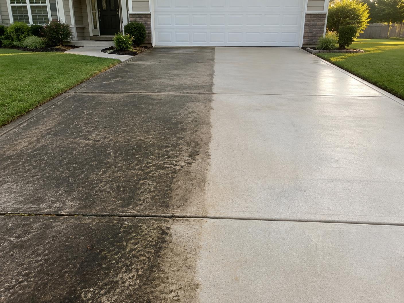 Concrete driveway half cleaned by pressure washing, showing the grimy before side next to the bright clean after side