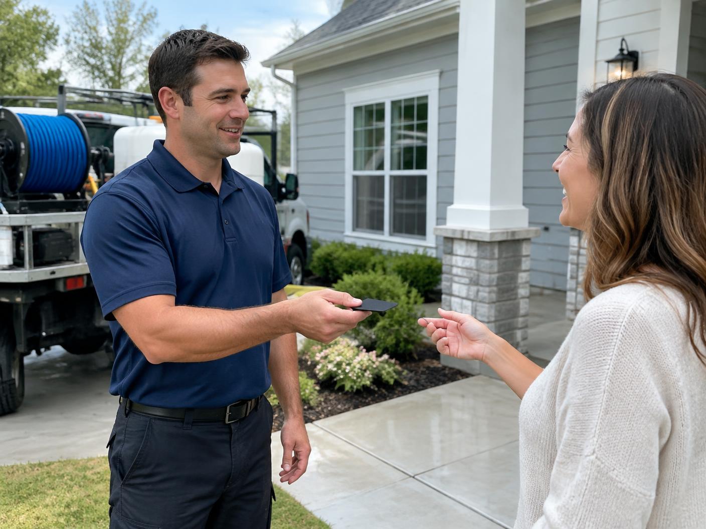 Exterior-cleaning technician handing a review card to a homeowner in front of a freshly soft-washed house