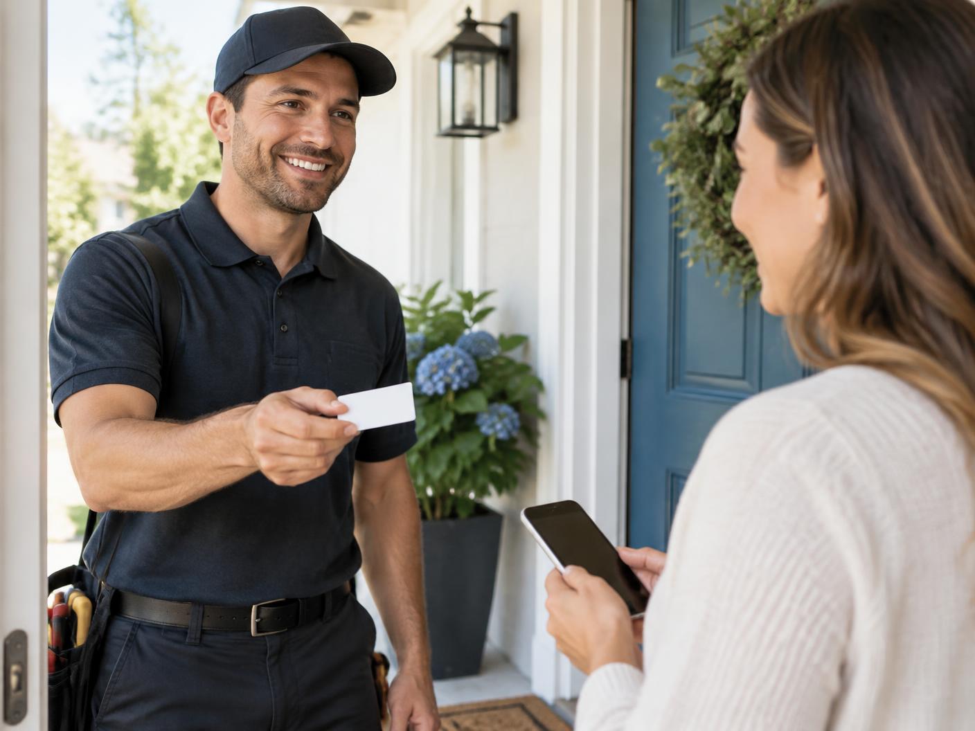 Contractor or technician offering a card after service